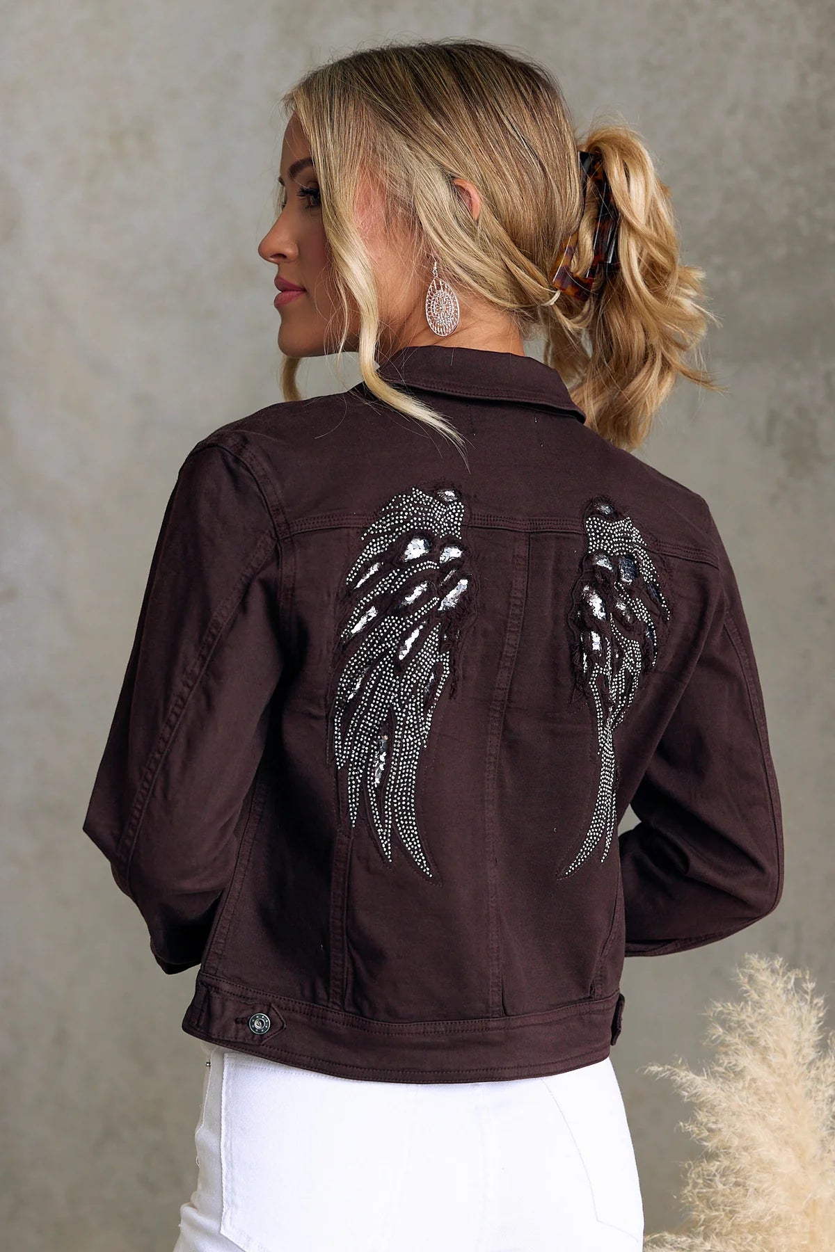Angelique Embellished Denim Wings Jacket Chocolate