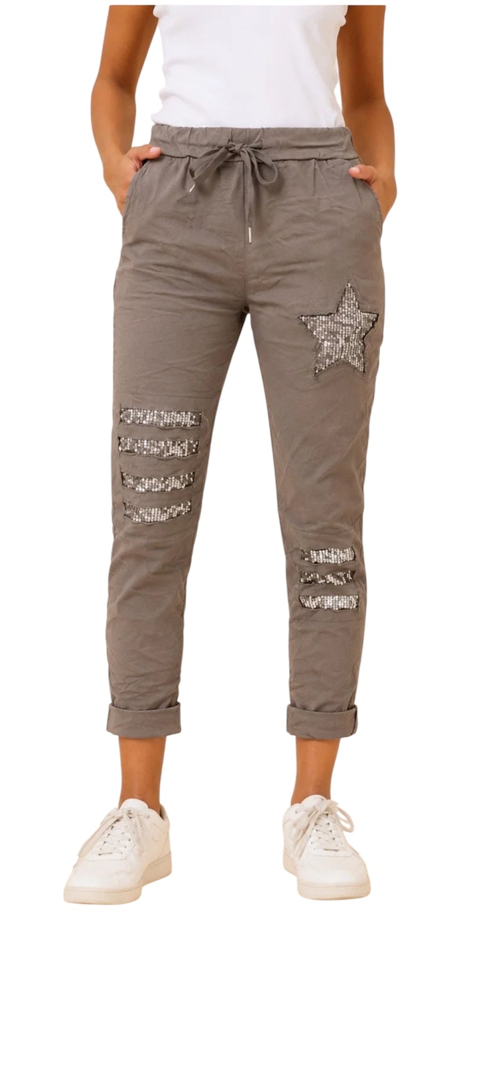 Alessandra Sequin Star Embellished Pants Beige Made in Italy
