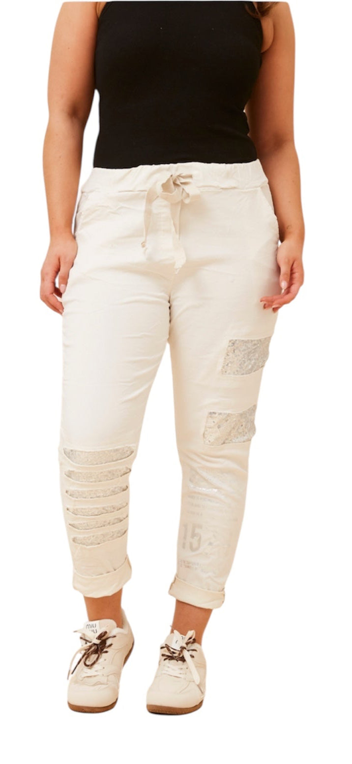 Lucia 1578 Sequin Embellished Pants Off White Made in Italy