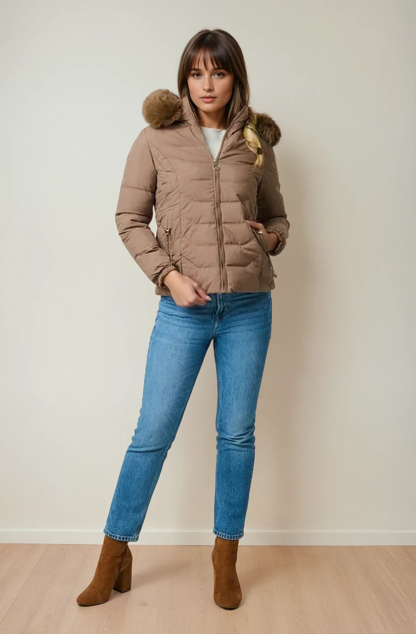 Faux Fur Hooded Zip-Up Puffer Jacket in Brown