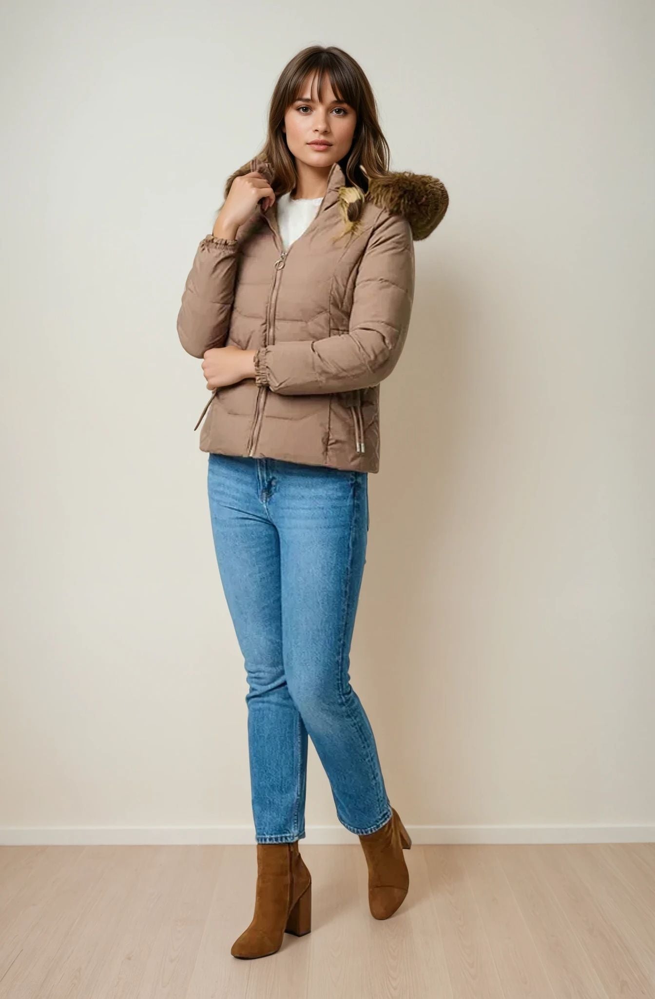 Faux Fur Hooded Zip-Up Puffer Jacket in Brown