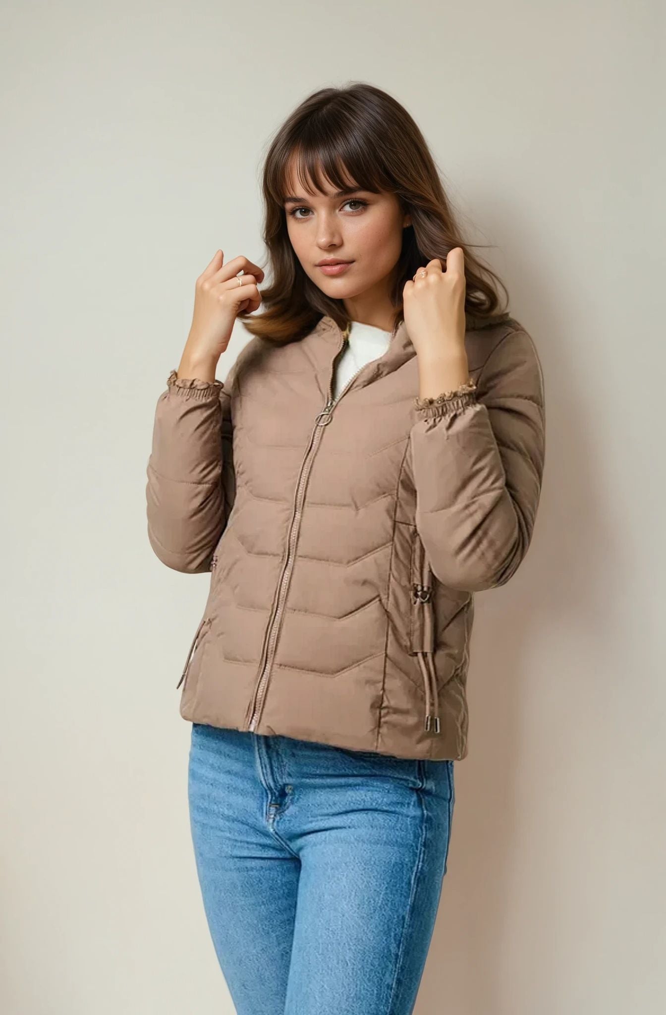 Faux Fur Hooded Zip-Up Puffer Jacket in Brown
