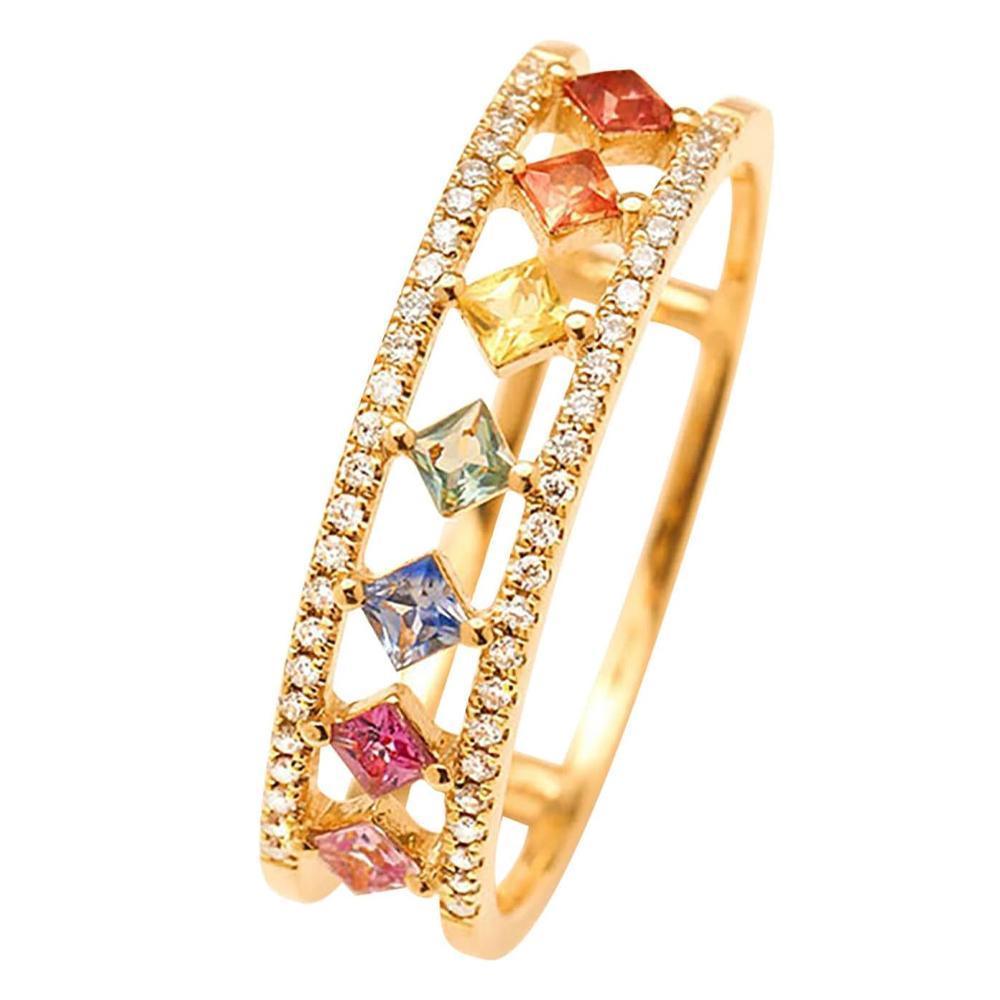 Rainbow Gold Ring Women Fashion Colorful Band Jewelry Gift 6-10 Sizes