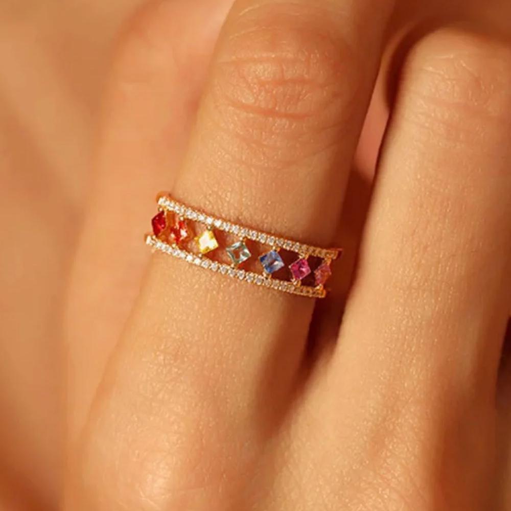 Rainbow Gold Ring Women Fashion Colorful Band Jewelry Gift 6-10 Sizes