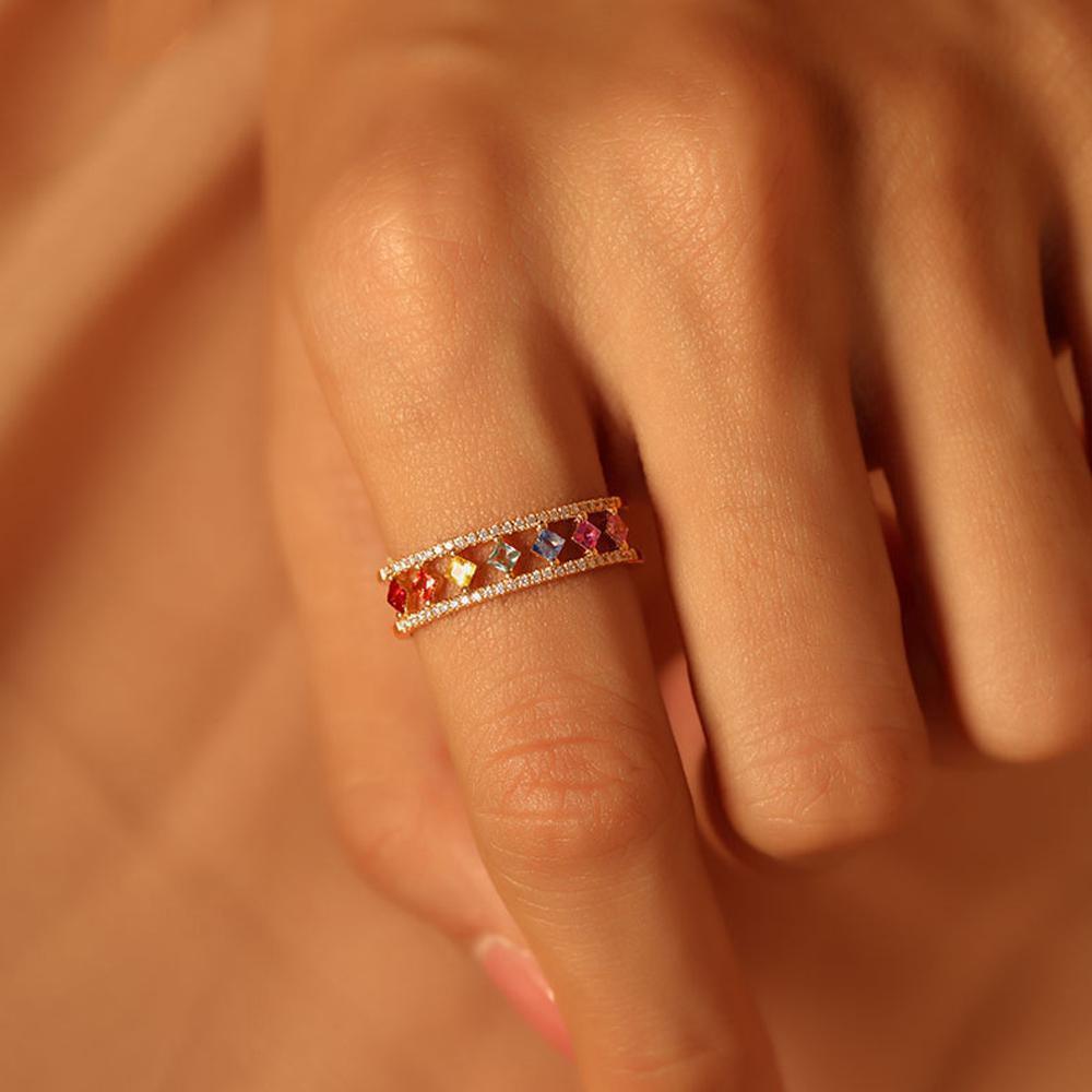 Rainbow Gold Ring Women Fashion Colorful Band Jewelry Gift 6-10 Sizes