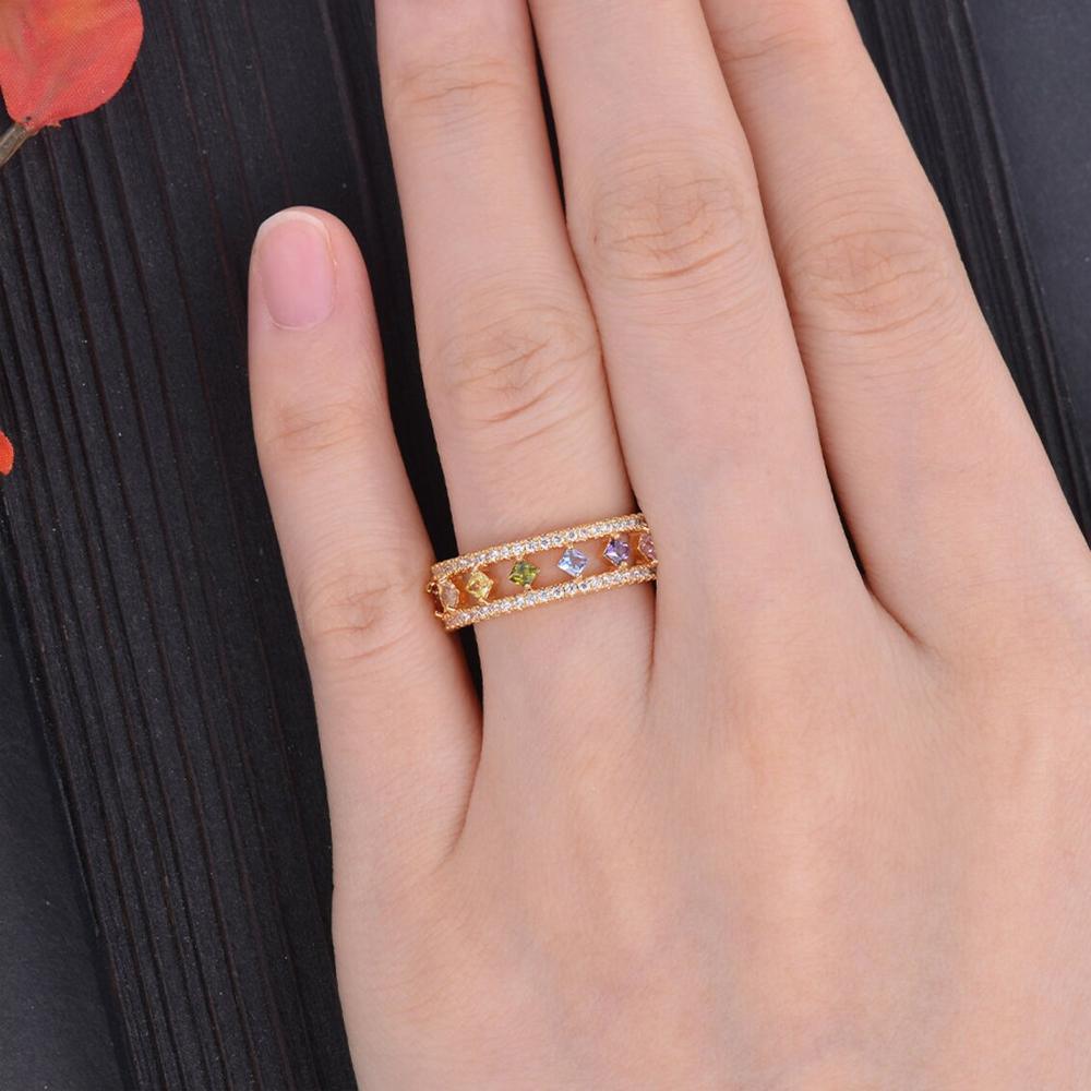 Rainbow Gold Ring Women Fashion Colorful Band Jewelry Gift 6-10 Sizes