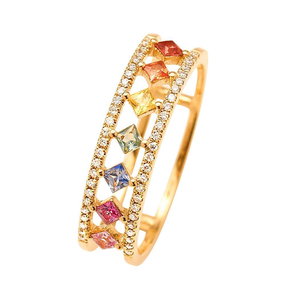 Rainbow Gold Ring Women Fashion Colorful Band Jewelry Gift 6-10 Sizes