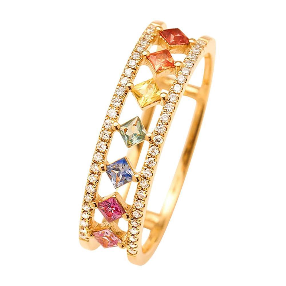 Rainbow Gold Ring Women Fashion Colorful Band Jewelry Gift 6-10 Sizes