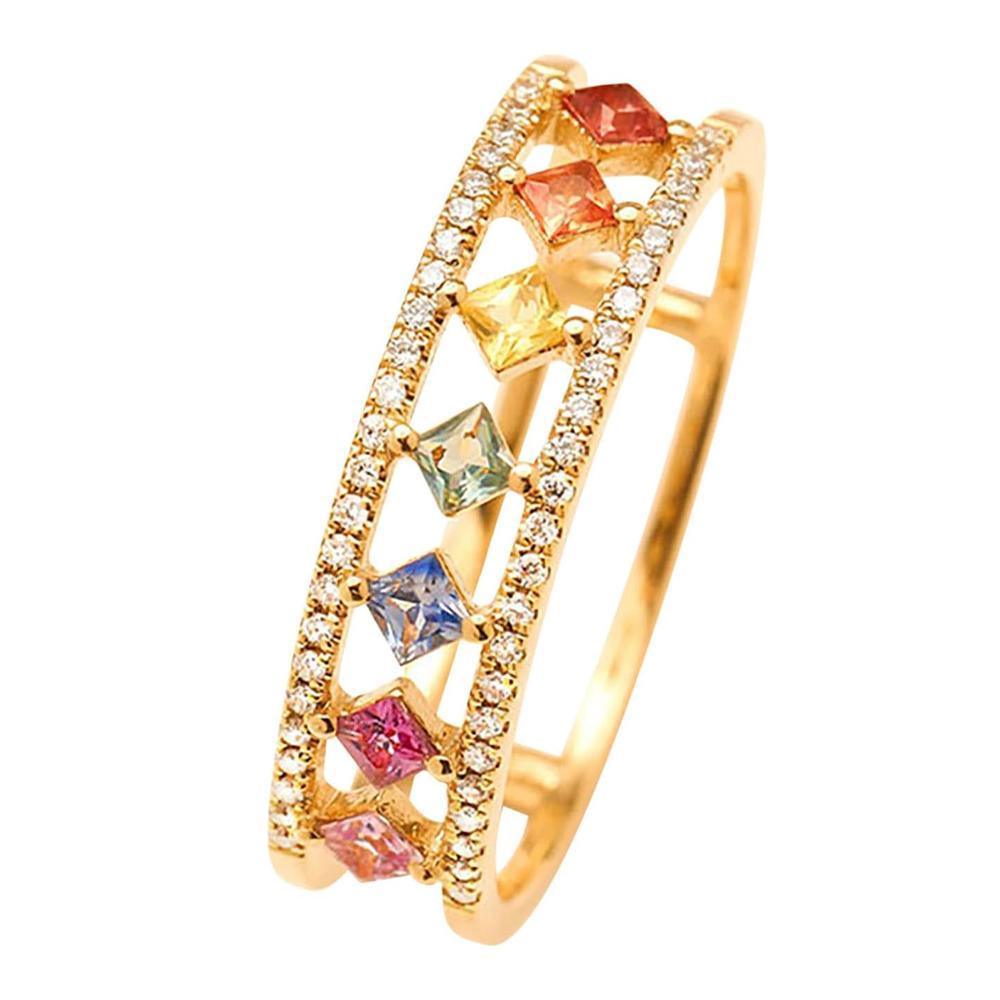 Rainbow Gold Ring Women Fashion Colorful Band Jewelry Gift 6-10 Sizes