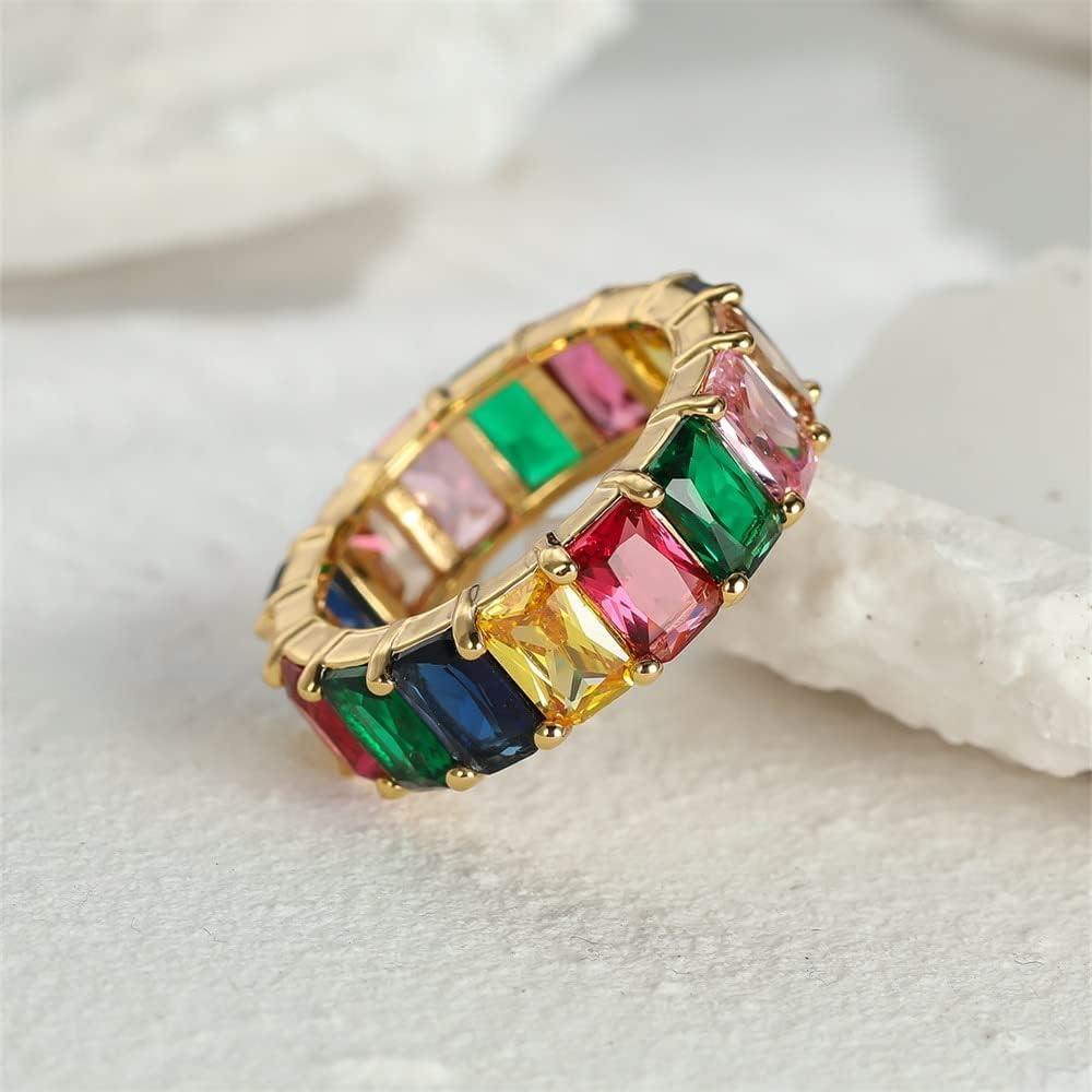 Rainbow Zircon Gemstone Ring Women's Stainless Steel Colourful Ring Size 6-10 - Gold-Multicolor-10